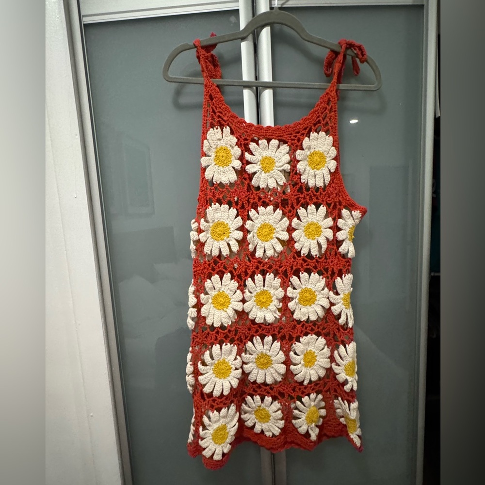 Anthropologie Red Crochet Daisy Mini Dress